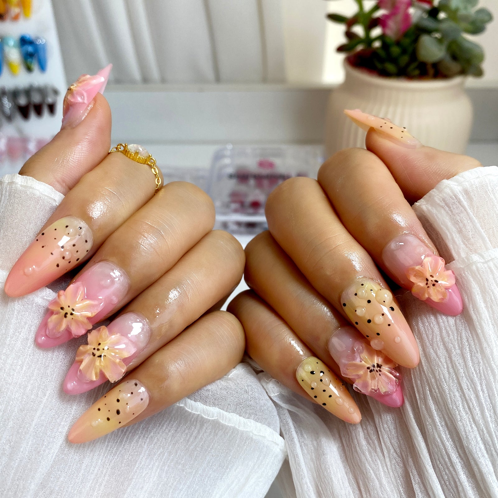 (Handmade) 10pcs/Set Pink 3D Flower Ombré Press-On Nails