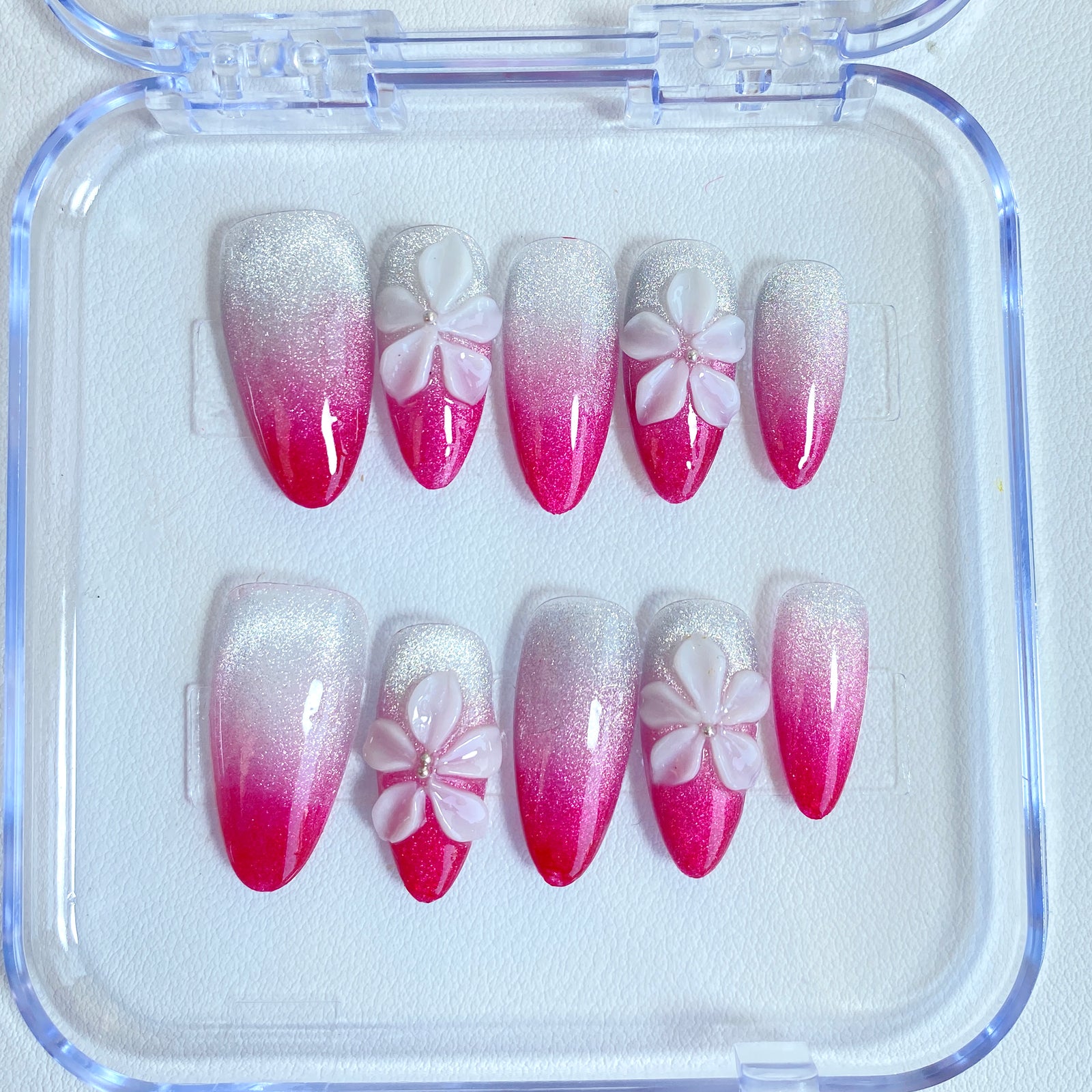(Handmade) 10pcs/Set Pink 3D Flower Ombré Cat Eye Press-On Nails