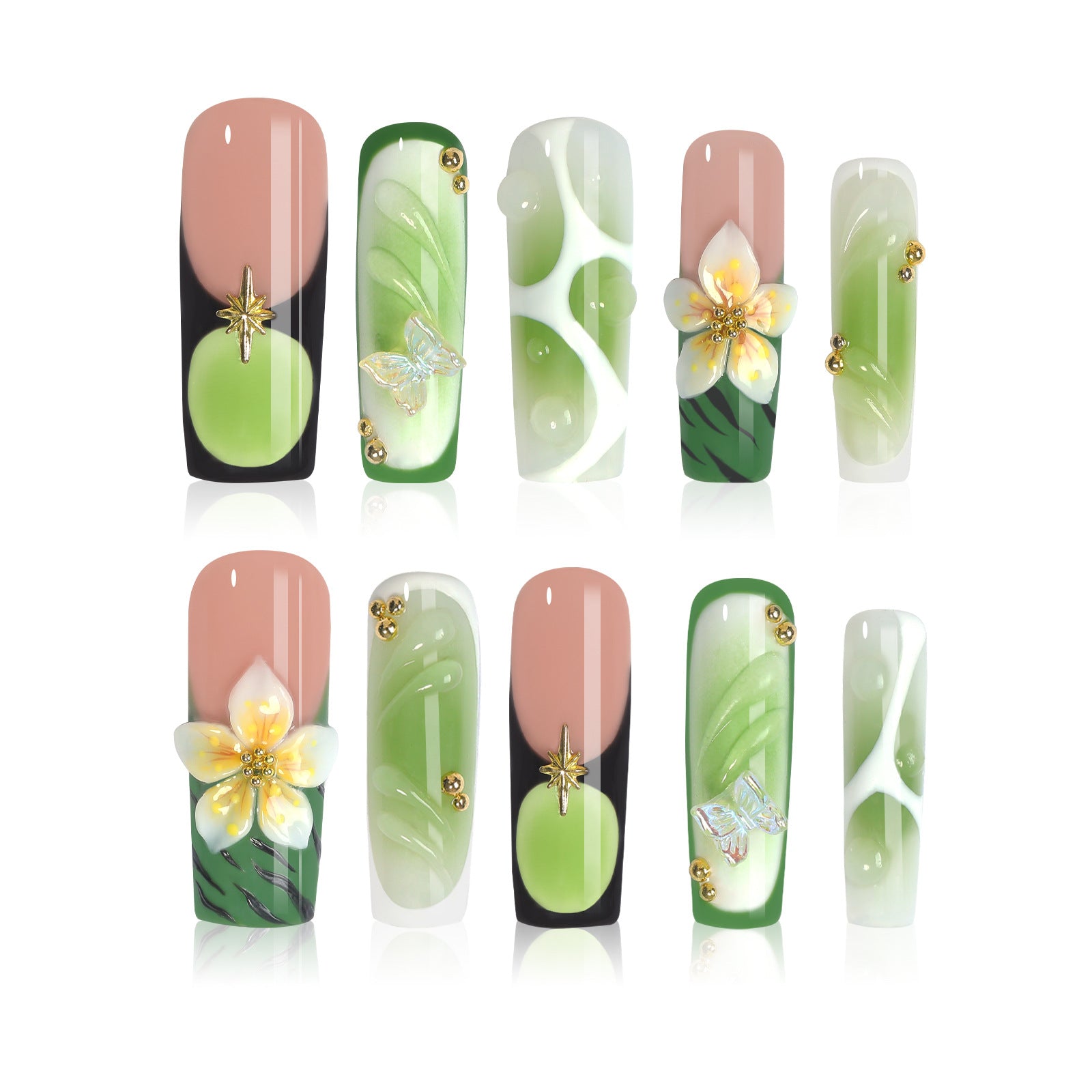 (Handmade) 10pcs/Set Fresh Green Ombré with 3D Flowers Press-On Nails