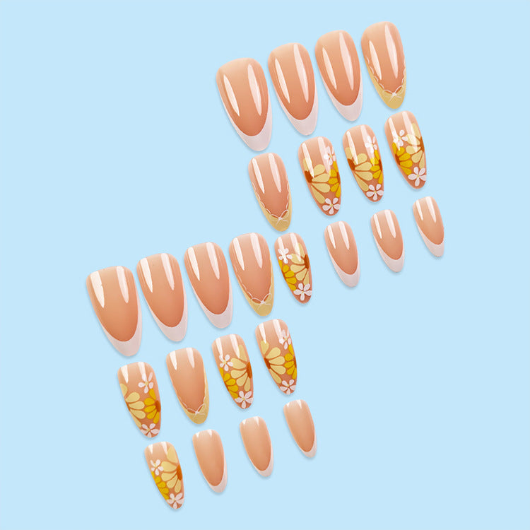 24pcs/Set Cream Yellow Daisy French Press-On Nails