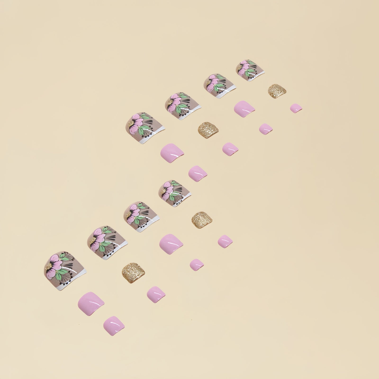 24pcs/Set Fresh Green Leaves & Red Press On Toe Nails