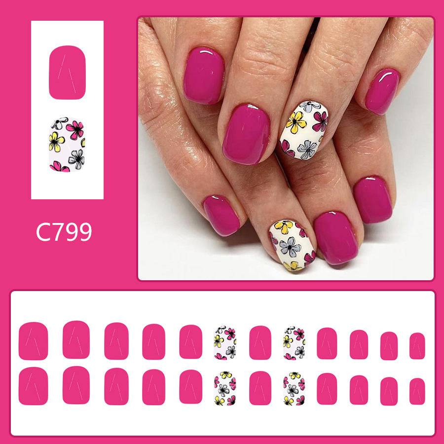 24pcs/Set Rose Purple Multicolor Little Flowers Short Press-On Nails