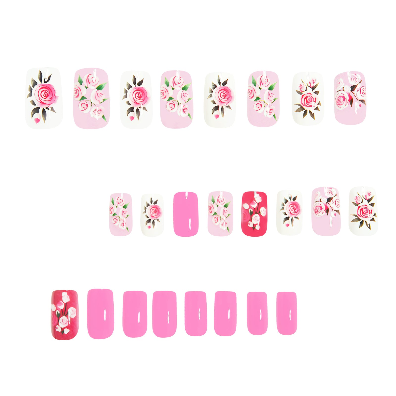 24pcs/Set Green Leaves & Pink Roses Press-On Nails