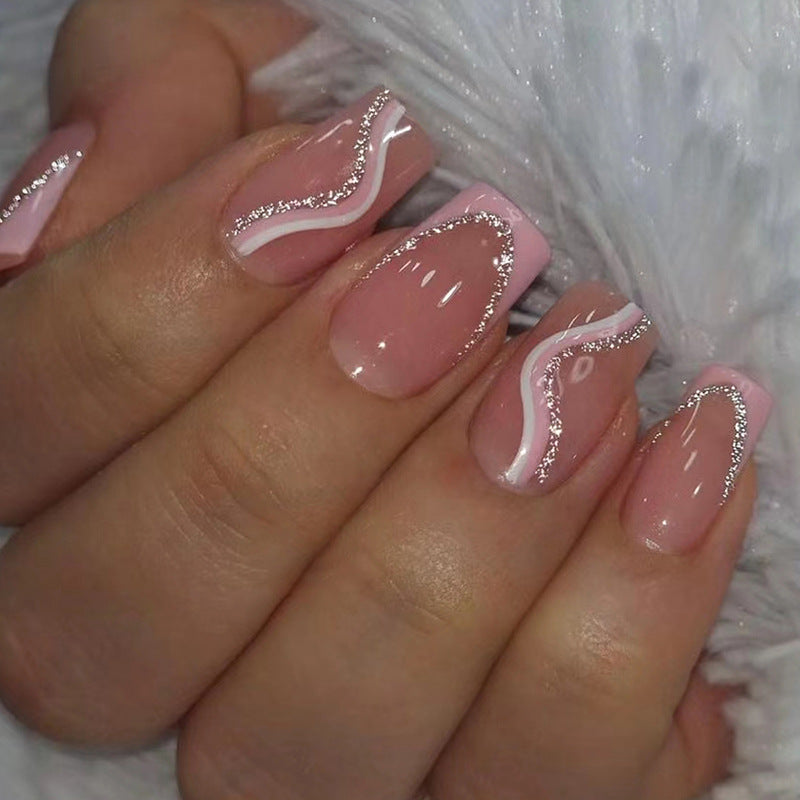 24pcs/Set Pink and White Stripes Press-On Nails