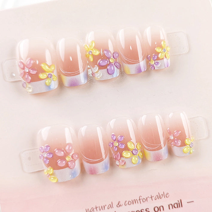(Handmade) 10pcs/Set French Floral Pink Gradient Press-On Nails