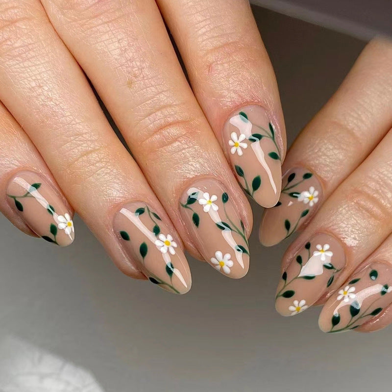 24pcs/Set Brown Green Leaf Daisy Press-On Nails