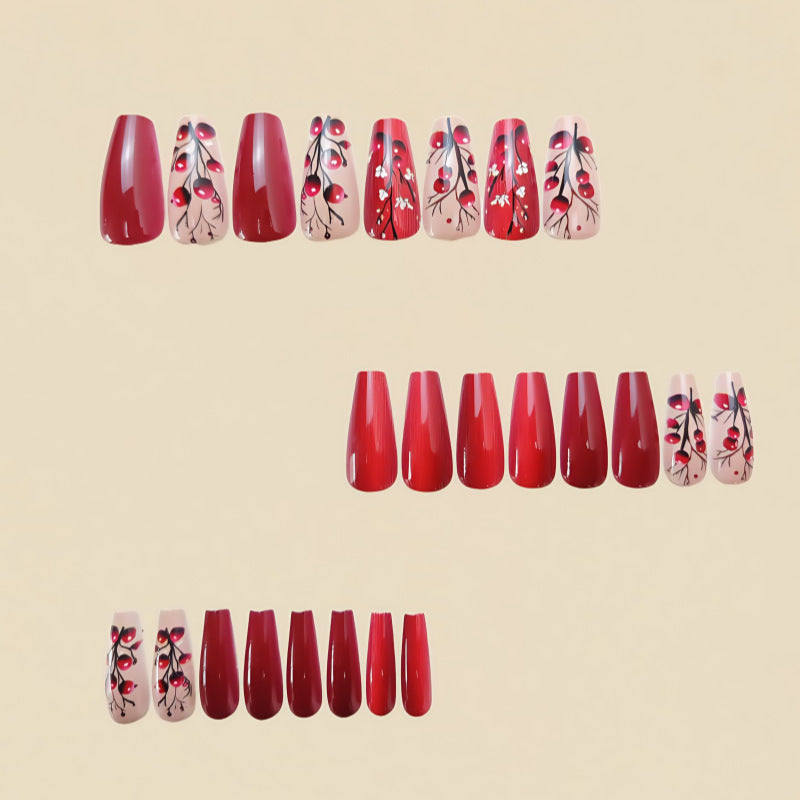 24pcs/Set Dark Red Flowers Press-On Nails