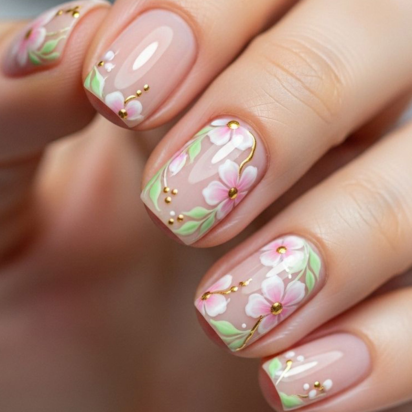 24pcs/Set 3D Embossed Flowers with Gold Lines Short Press On Nails