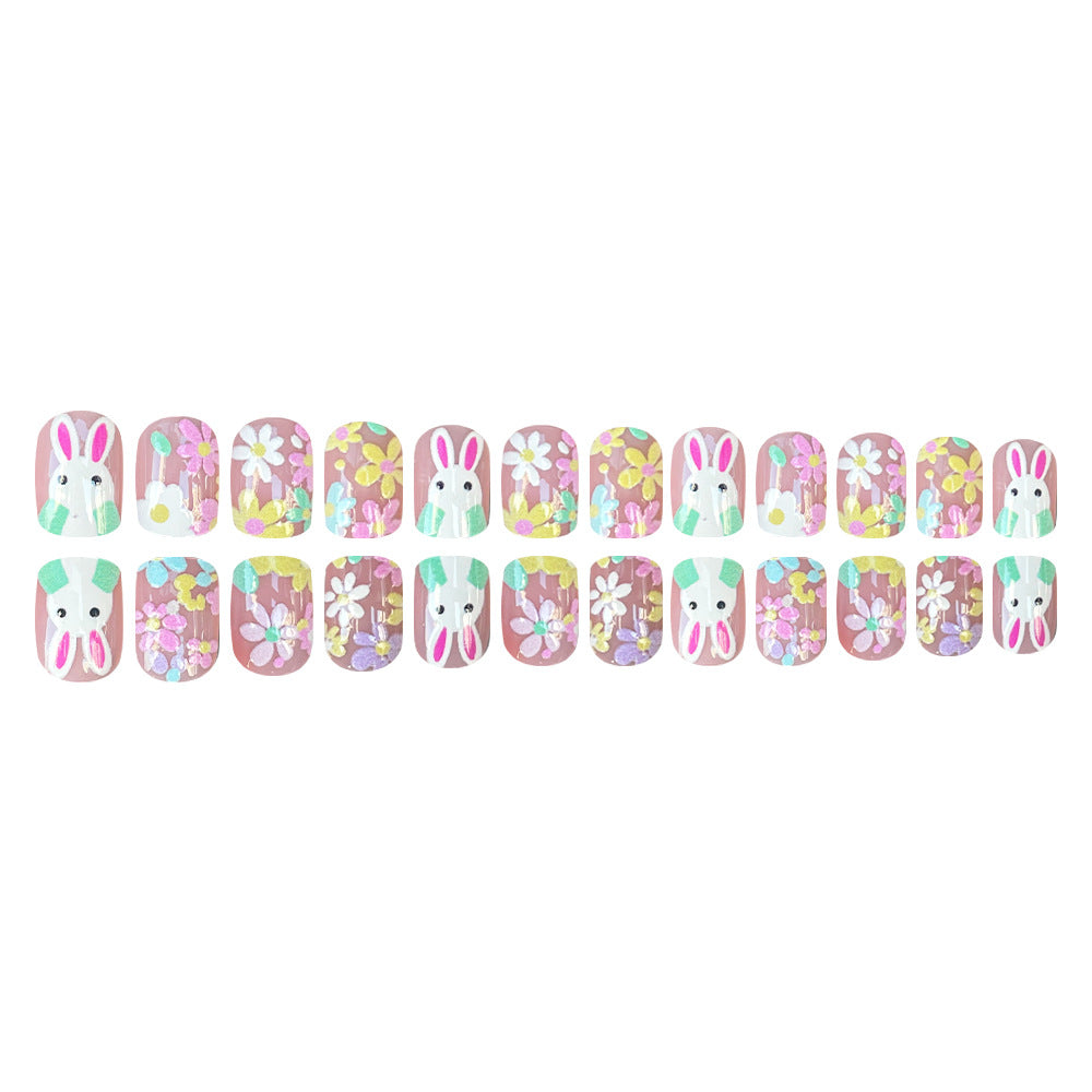 24pcs/Set Floral Bunny Short Press-On Nails