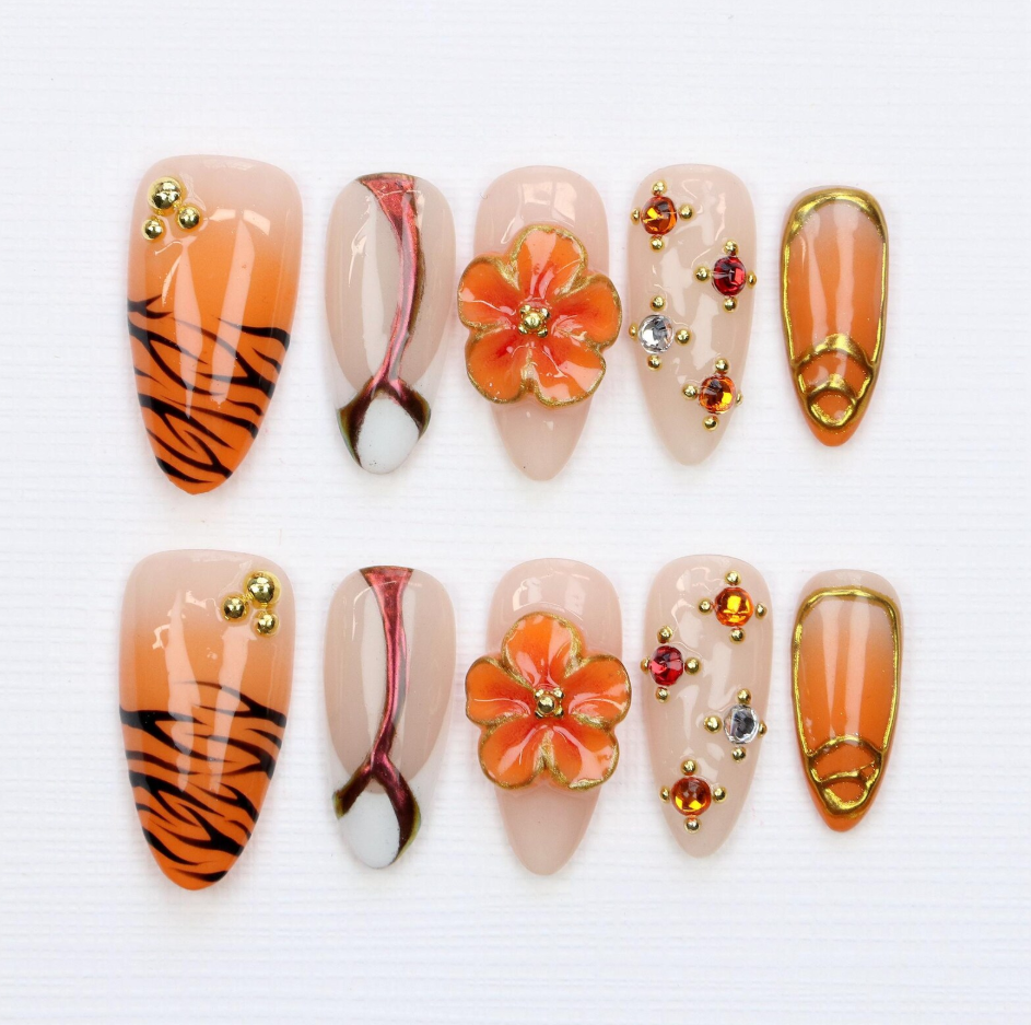 (Handmade) 10pcs/Set Orange 3D Floral Press-On Nails