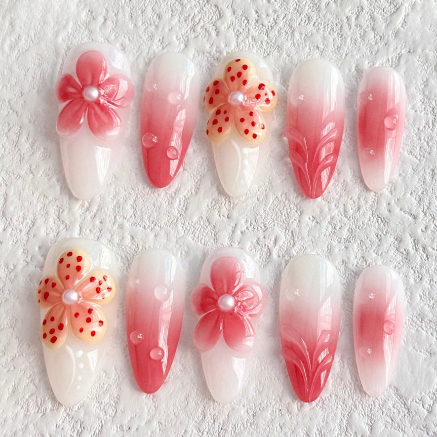 (Handmade) 10pcs/Set Pink Flowers Press-On Nails
