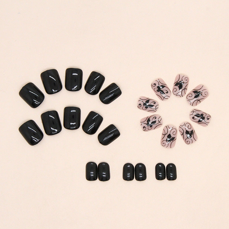 24pcs/Set Dark Gothic Black Vine Butterfly Short Press-On Nails