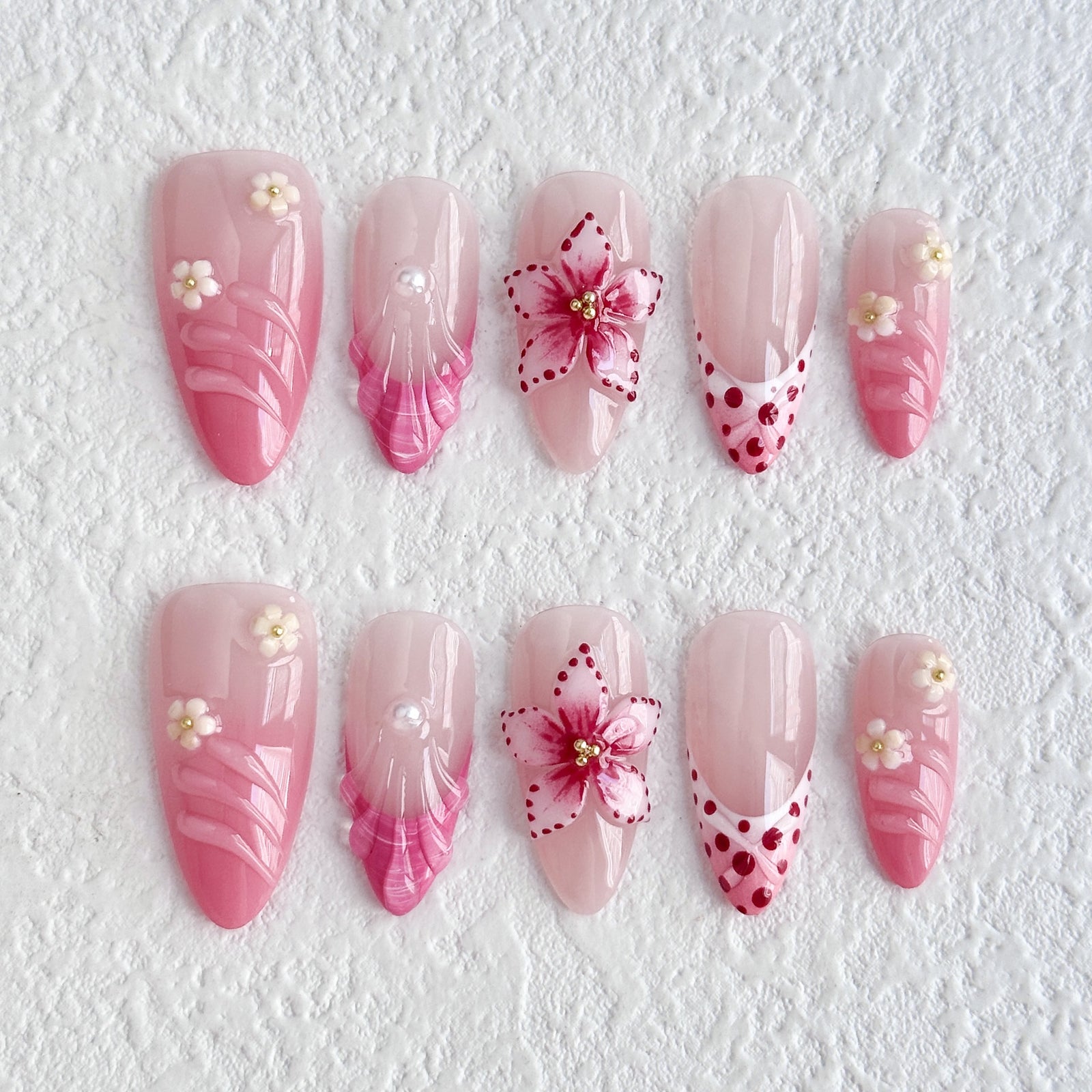 (Handmade) 10pcs/Set Pink Flower Shell Press-On Nails