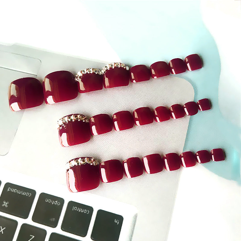24pcs/Set Deep Burgundy with Rhinestones Press On Toe Nails