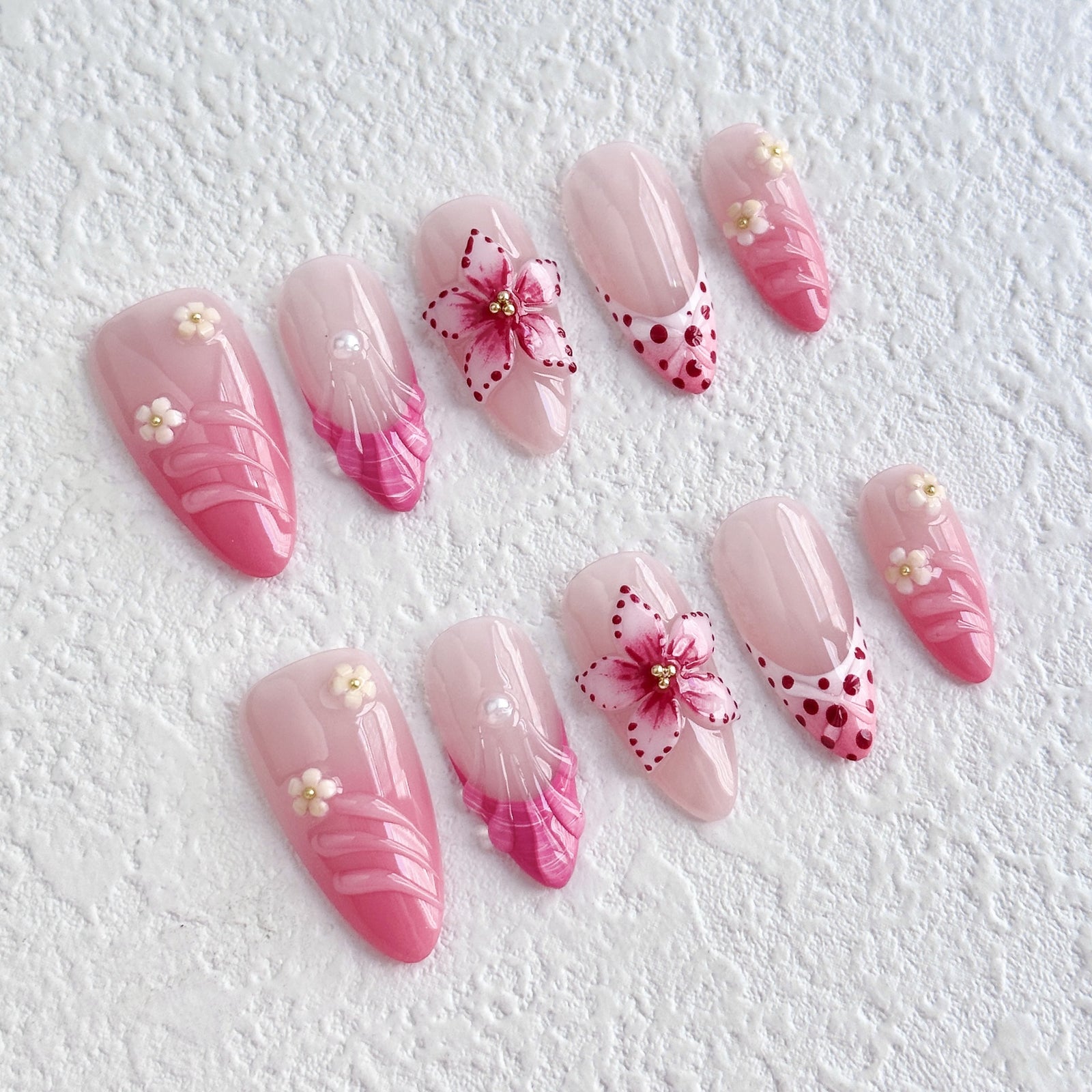 (Handmade) 10pcs/Set Pink Flower Shell Press-On Nails