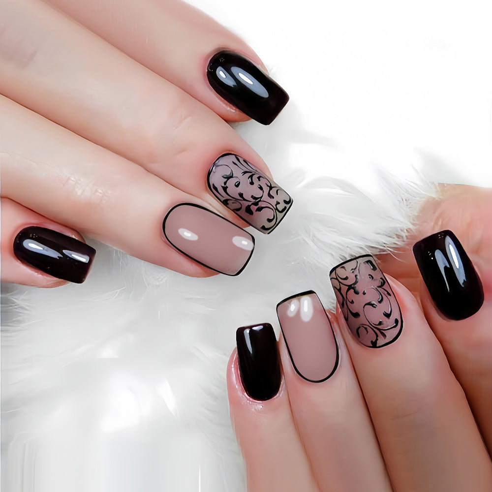24pcs/Set Black Striped French Press-On Nails