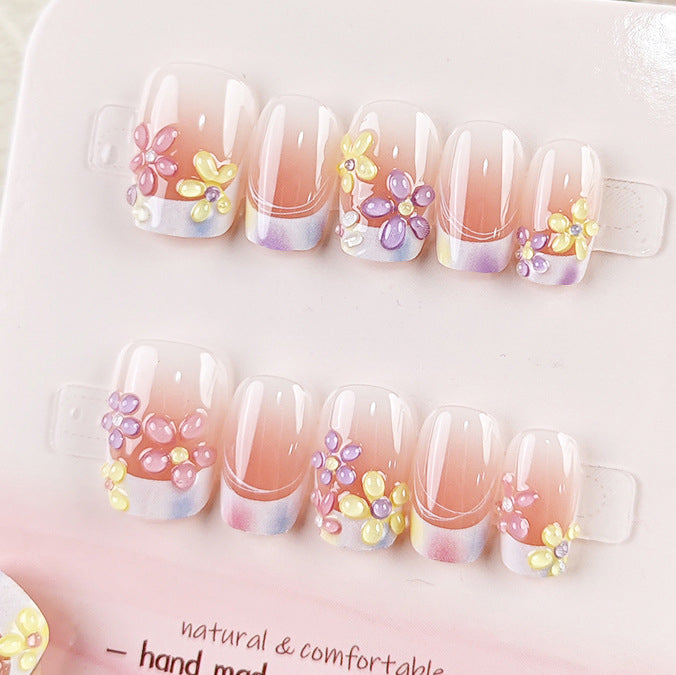 (Handmade) 10pcs/Set French Floral Pink Gradient Press-On Nails