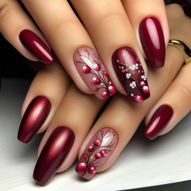 24pcs/Set Dark Red Flowers Press-On Nails