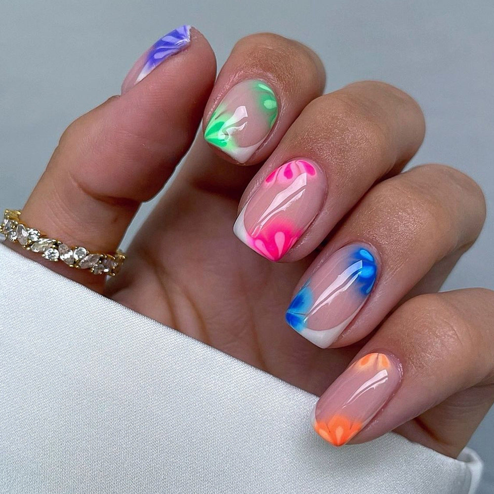 24pcs/Set Multicolored Floral French Tips Press-On Nails