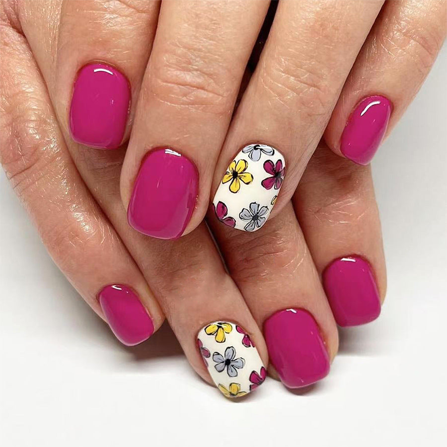 24pcs/Set Rose Purple Multicolor Little Flowers Short Press-On Nails
