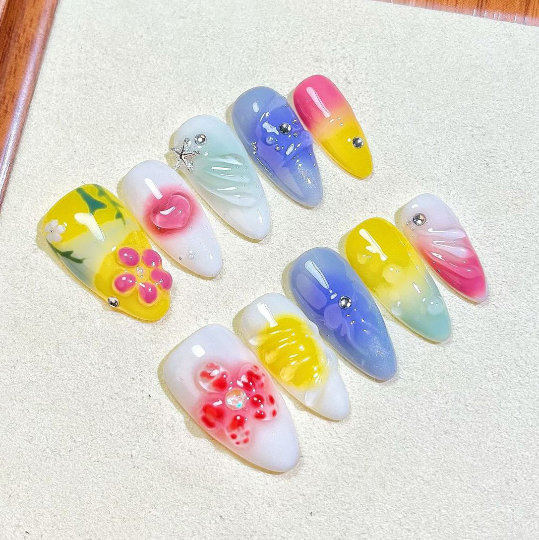 (Handmade) 10pcs/Set 3D Embossed Carving Press-On Nails
