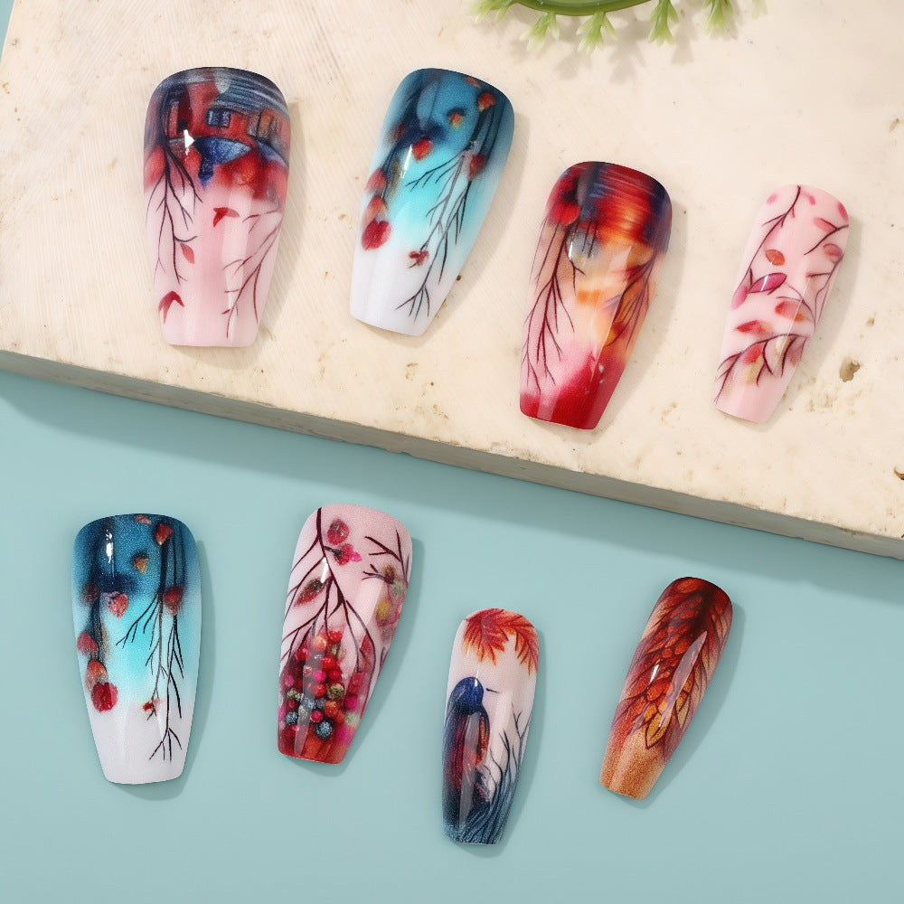 24pcs/Set Red, Orange & Blue Painted Flying Birds Press-On Nails