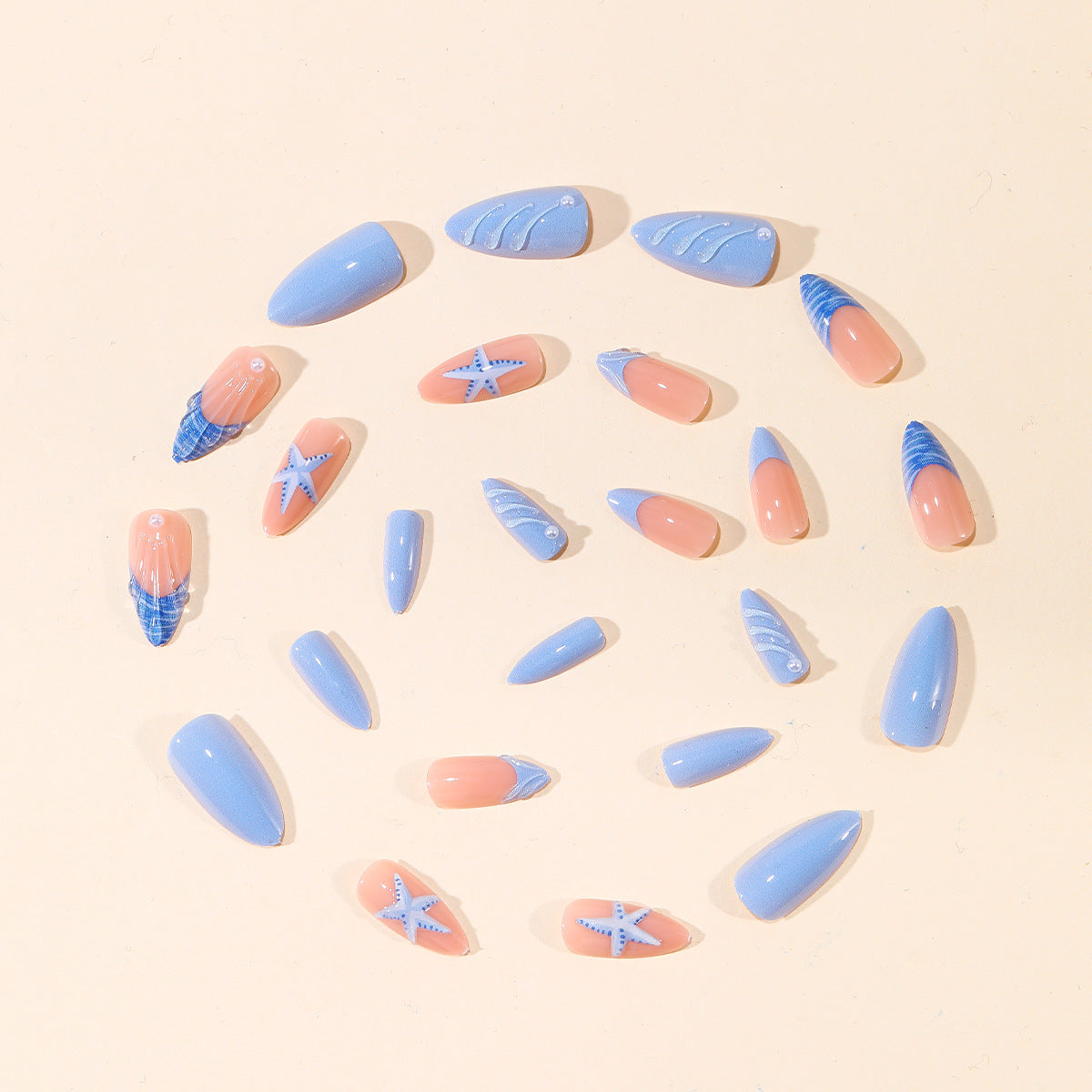 24pcs/Set Blue 3D Water Ripple French Tip Press-On Nails