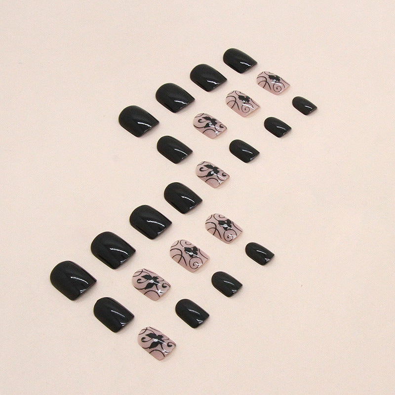 24pcs/Set Dark Gothic Black Vine Butterfly Short Press-On Nails