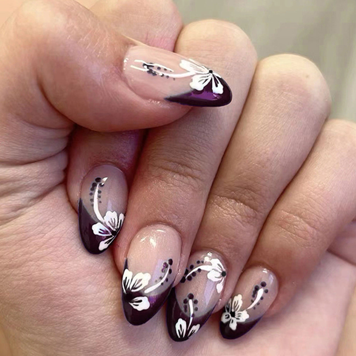 24pcs/Set Color-Block Floral French Press-On Nails