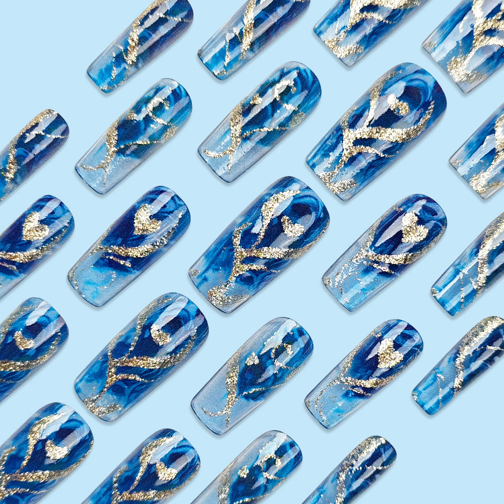 24pcs/Set Glitter Heart Blue Press-On Nails