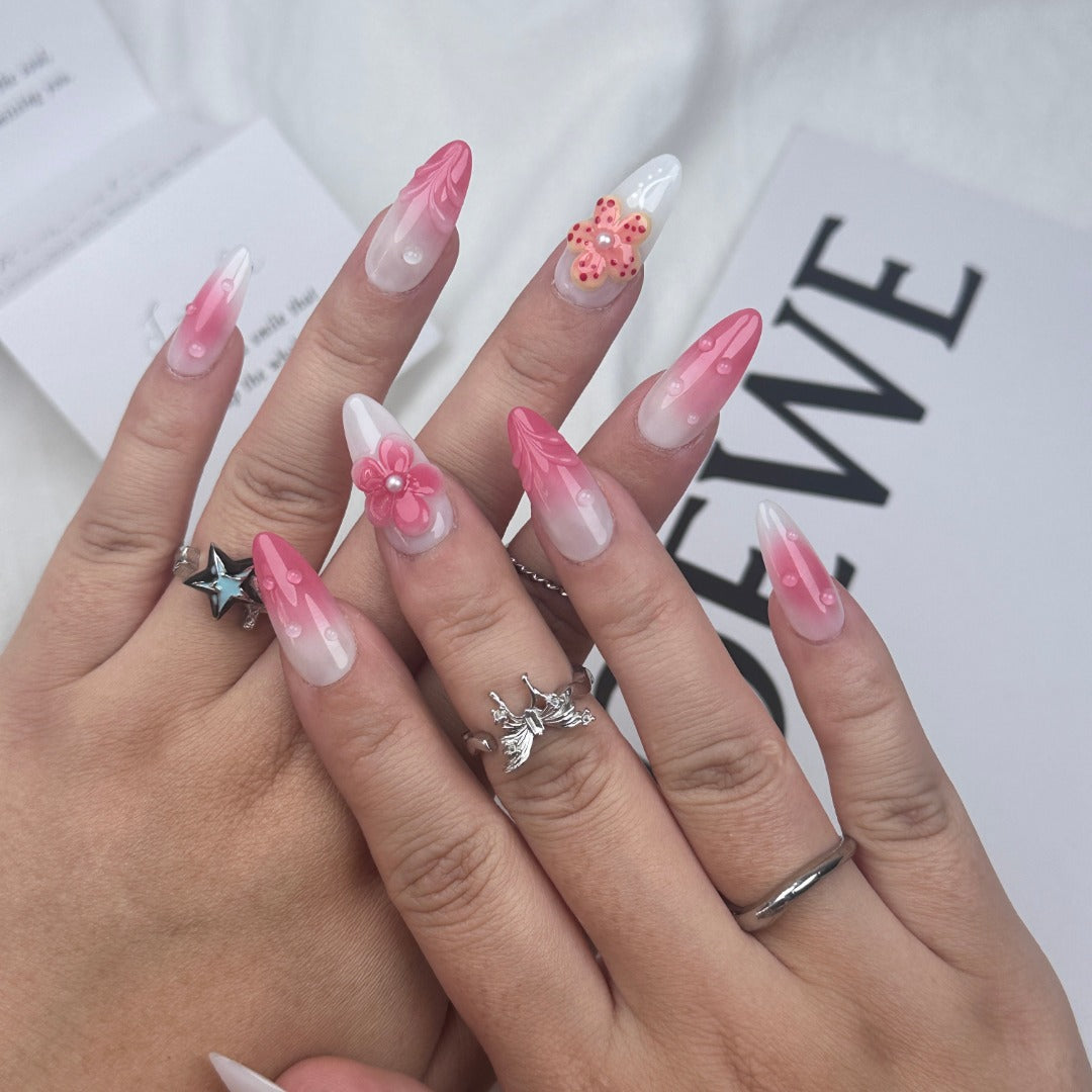 (Handmade) 10pcs/Set Pink Flowers Press-On Nails