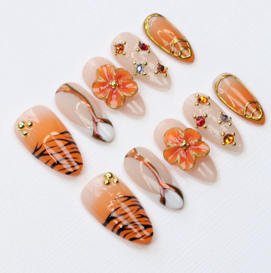 (Handmade) 10pcs/Set Orange 3D Floral Press-On Nails