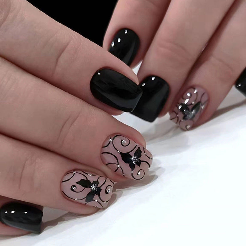 24pcs/Set Dark Gothic Black Vine Butterfly Short Press-On Nails