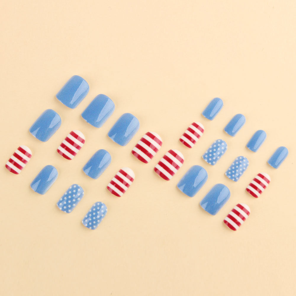 24pcs/Set Red, Blue & White Striped Stars Press-On Nails