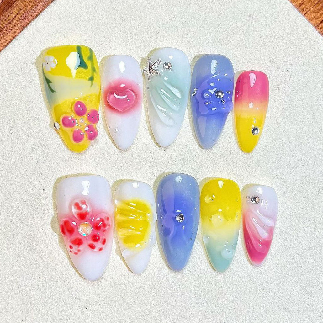 (Handmade) 10pcs/Set 3D Embossed Carving Press-On Nails