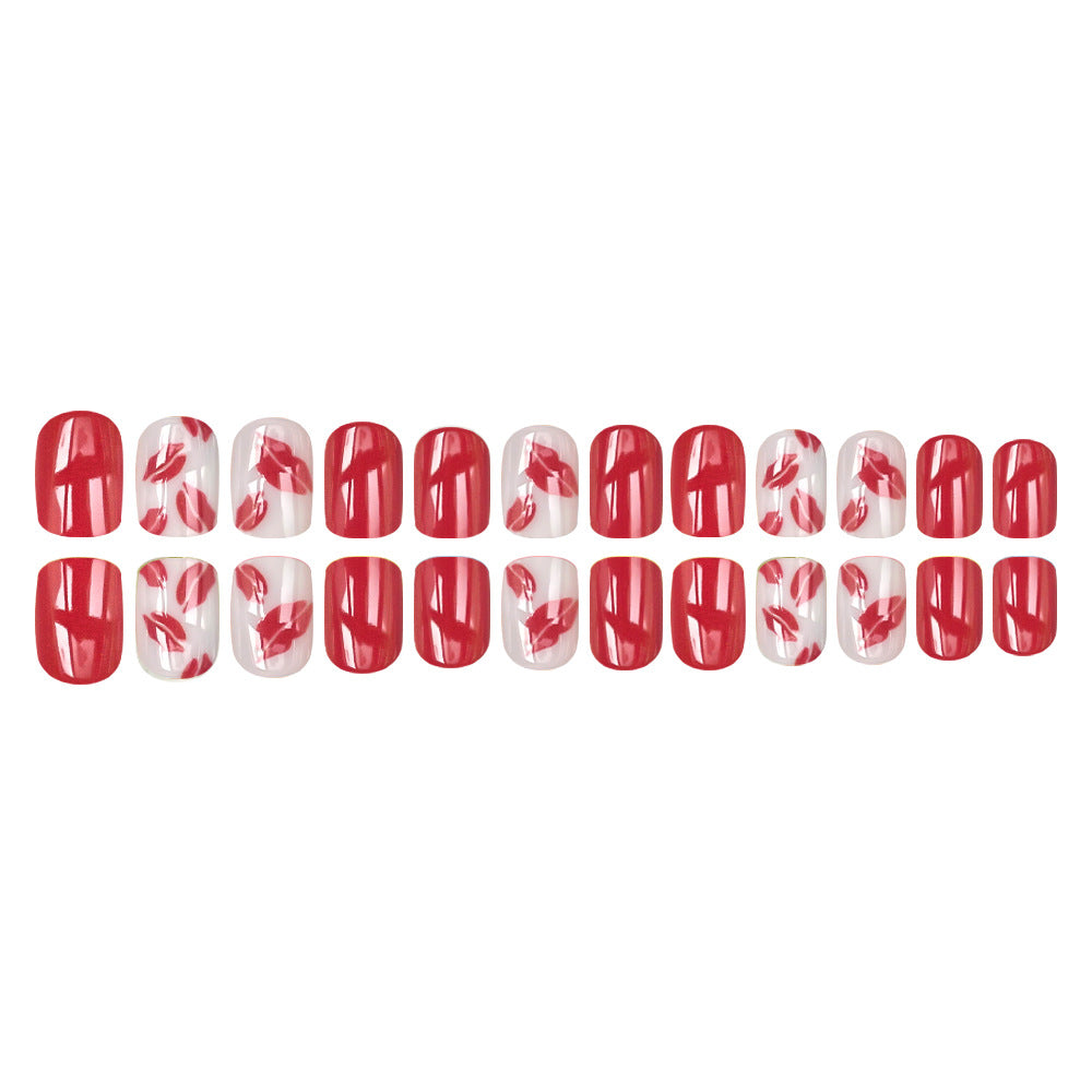 24pcs/Set Glossy Burgundy Red Lips Press-On Nails
