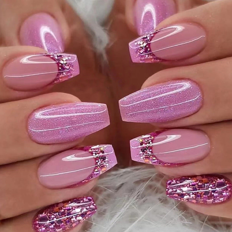 24pcs/Set Pink and Purple Glitter French Press-On Nails