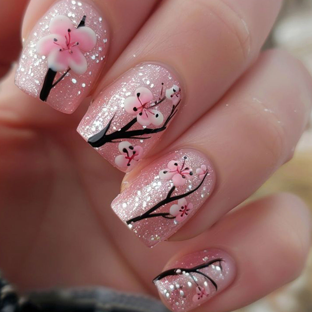 24pcs/Set Glitter Peach Blossoms Short Press-On Nails