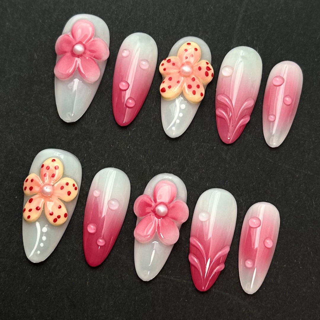 (Handmade) 10pcs/Set Pink Flowers Press-On Nails