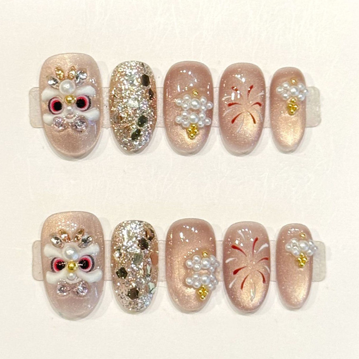 (Handmade) 10pcs/Set Champagne Glitter Firework Pearl Press-On Nails