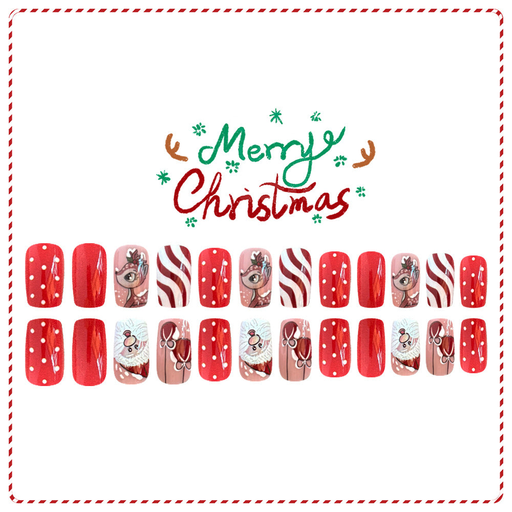 24pcs/Set Santa & Cute Reindeer Red-White Stripes Press-On Nails