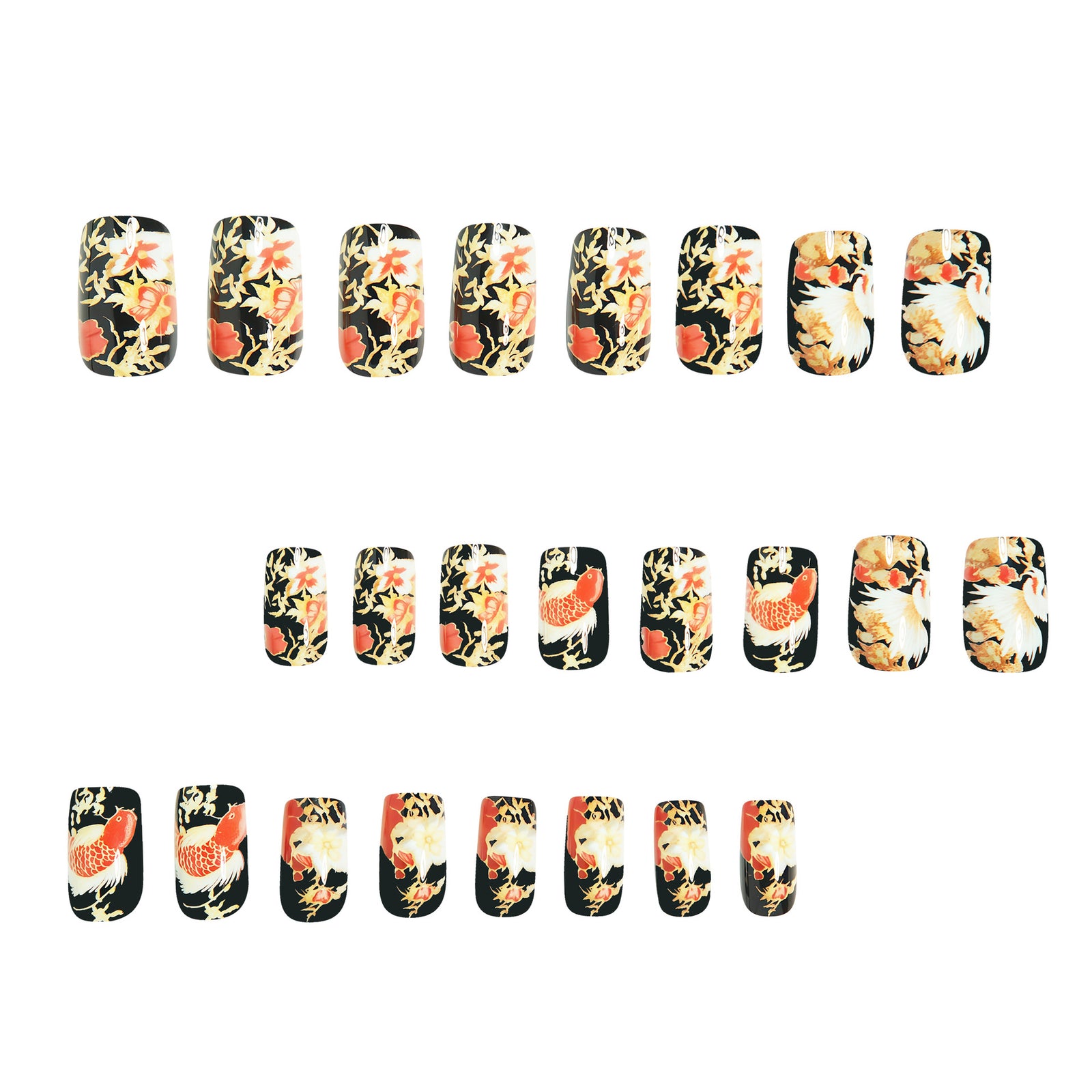 24pcs/Set Red Koi with Gold Embroidery Press-On Nails