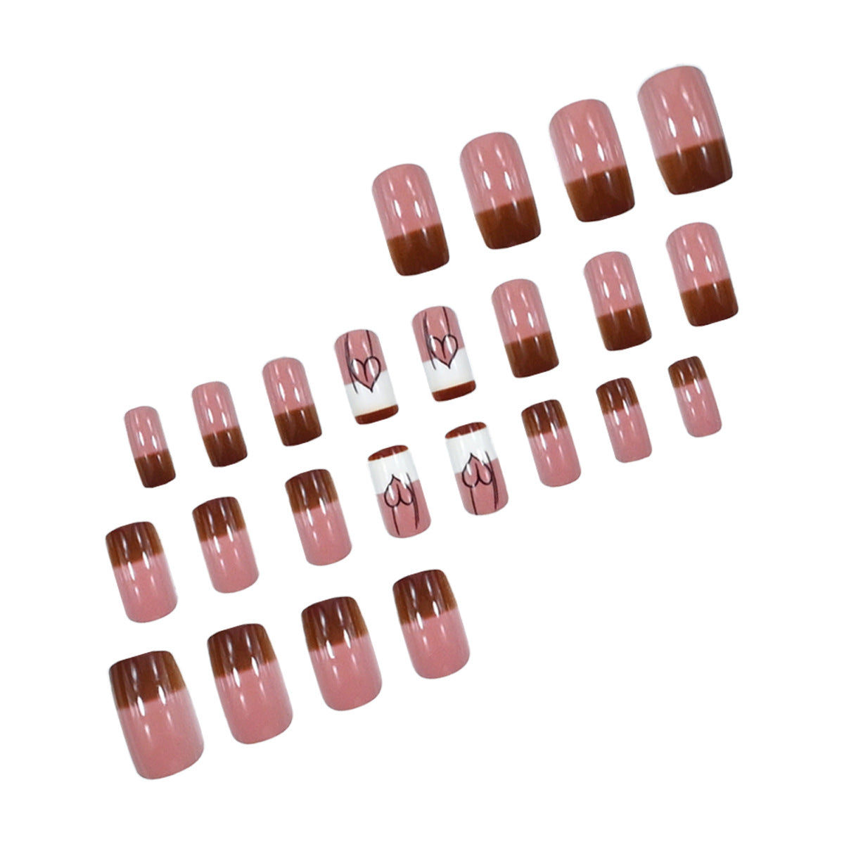 24pcs/Set Brown Plaid with Contrasting Hearts Press-On Nails