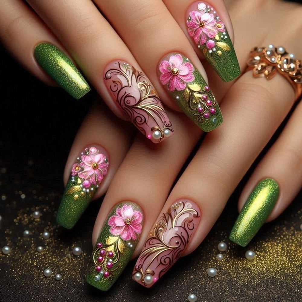 24pcs/Set Green Floral Press-On Nails