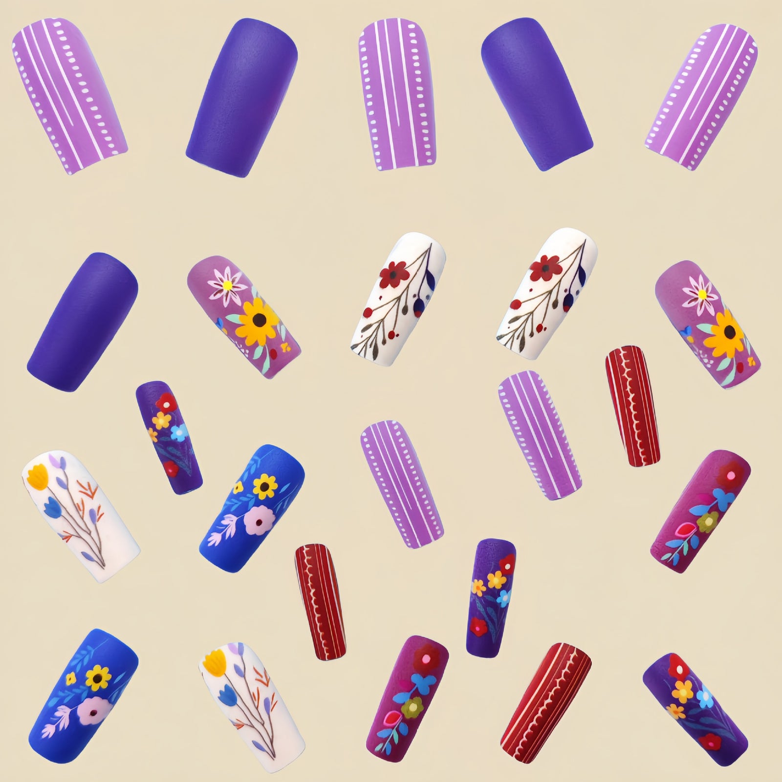 24pcs/Set Vintage Matte Floral Striped Press-On Nails