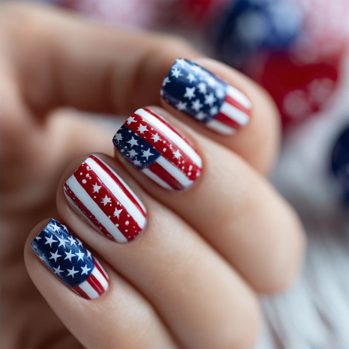 24pcs/Set Red, Blue & White Striped Star Press-On Nails