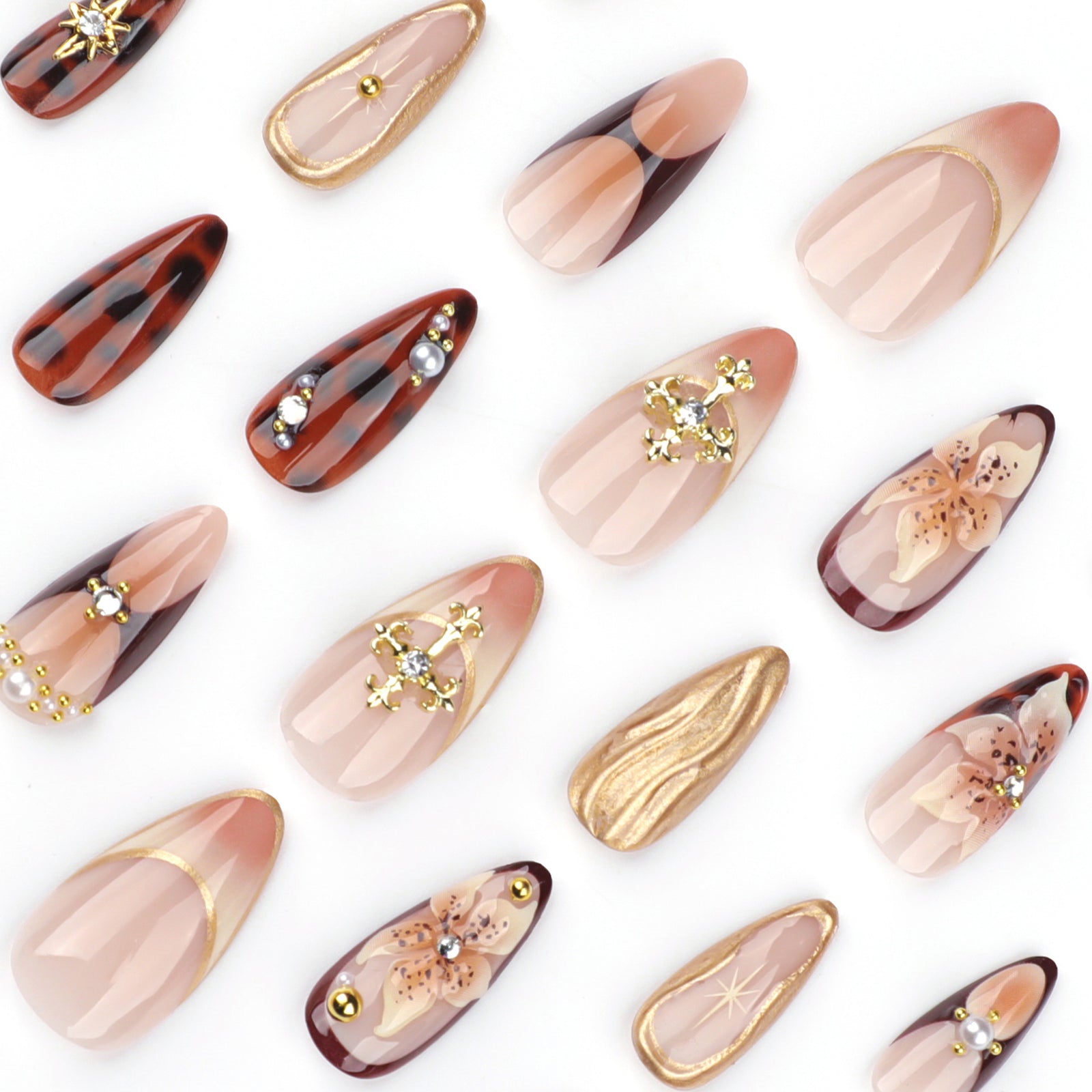 24pcs/Set Autumn Winter Gilded 3D Flowers Press-On Nails