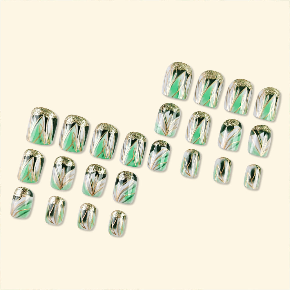 24pcs/Set Enchanted Emerald Forest Short Press-On Nails