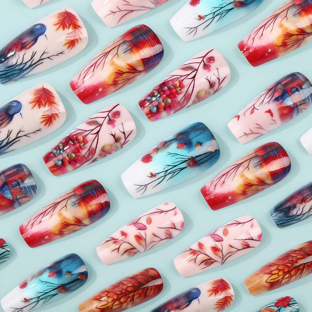 24pcs/Set Red, Orange & Blue Painted Flying Birds Press-On Nails