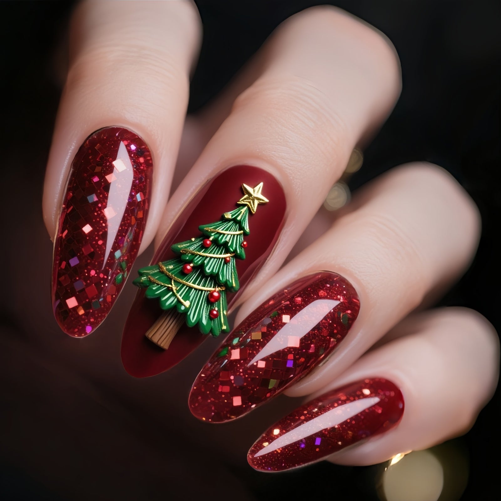 24pcs/Set Red Glitter Christmas Tree Press-On Nails